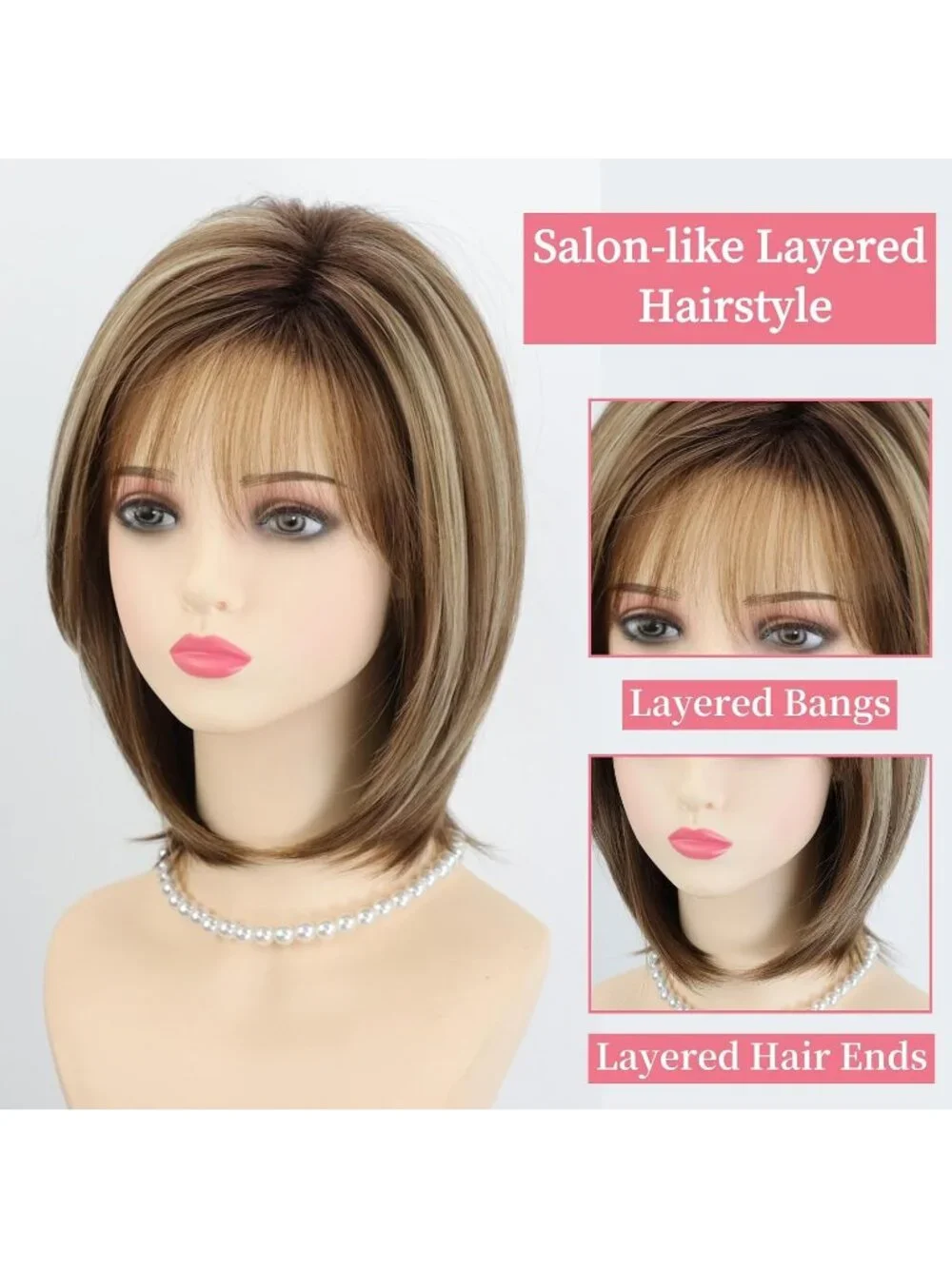 Women's Brown Blonde 12 Inch Mid Length Heat Synthetic Straight Layered Bob Wigs